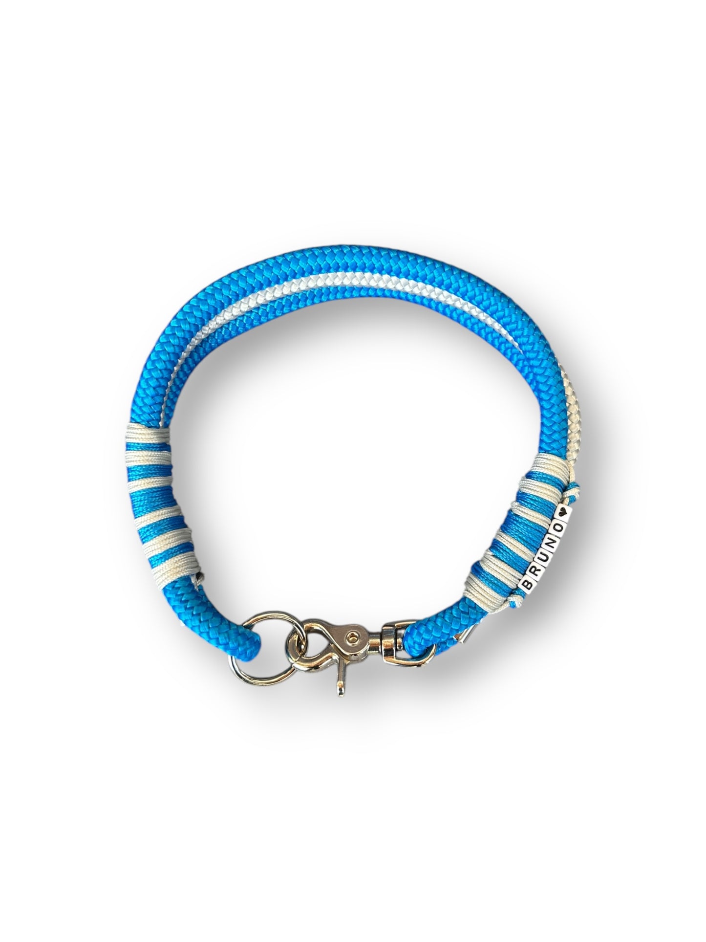 Hundehalsband aus Tau in der Farbe Metallic Royal Blau mit Silber grauen Details. Draufsicht