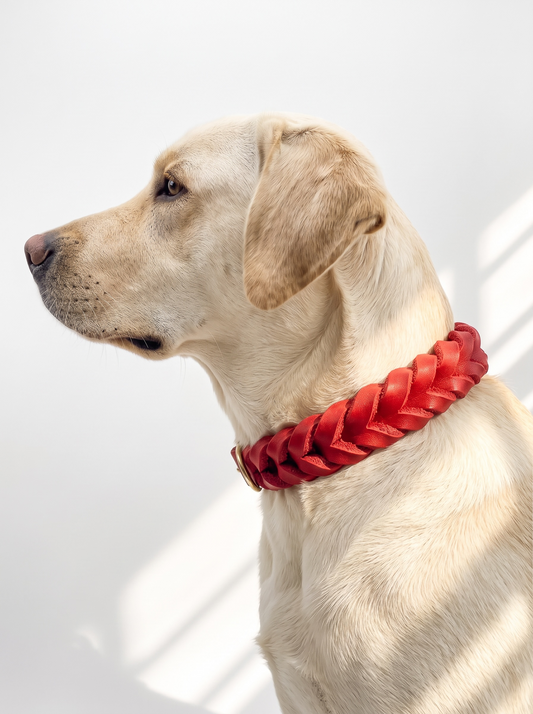 Lederhalsband in rot mit goldenen Details. Geeignet für kleine, mittlere und große Hunde, da das Halsband an das Gewicht und die Größe deines Hundes angepasst wird. Halsband getragen an einem hund