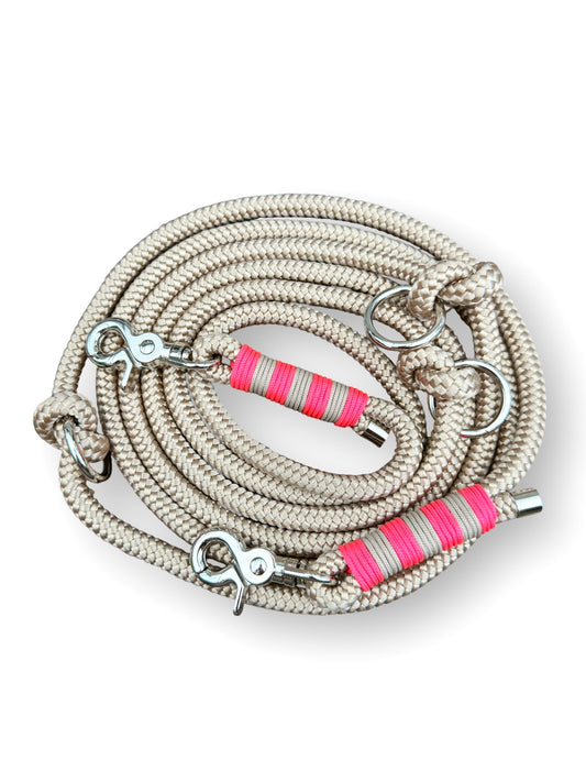 Tau-Leine 10mm bestehend aus "Beige" Seil, "Cerise Rosa & Mocca" Umwickelung