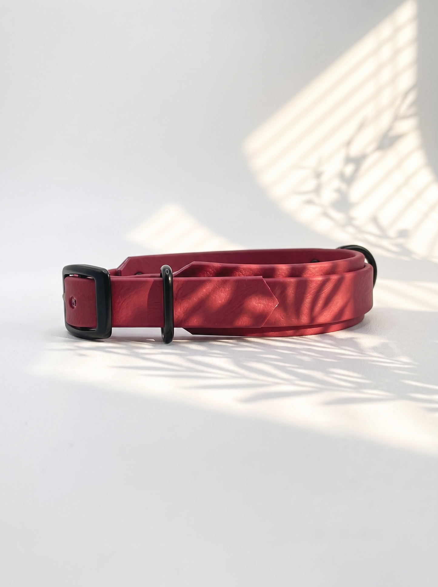 LINEA BioThane Halsband und Leine in Rot mit schwarzen Beschlägen. Handgefertigt und Personalisierbar. Ansicht Seite