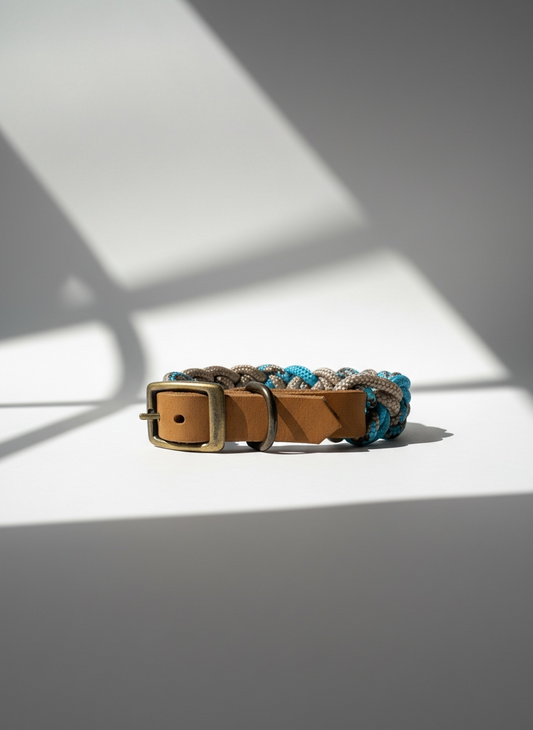 Geflochtenes Hundehalsband in blau, braun und beige