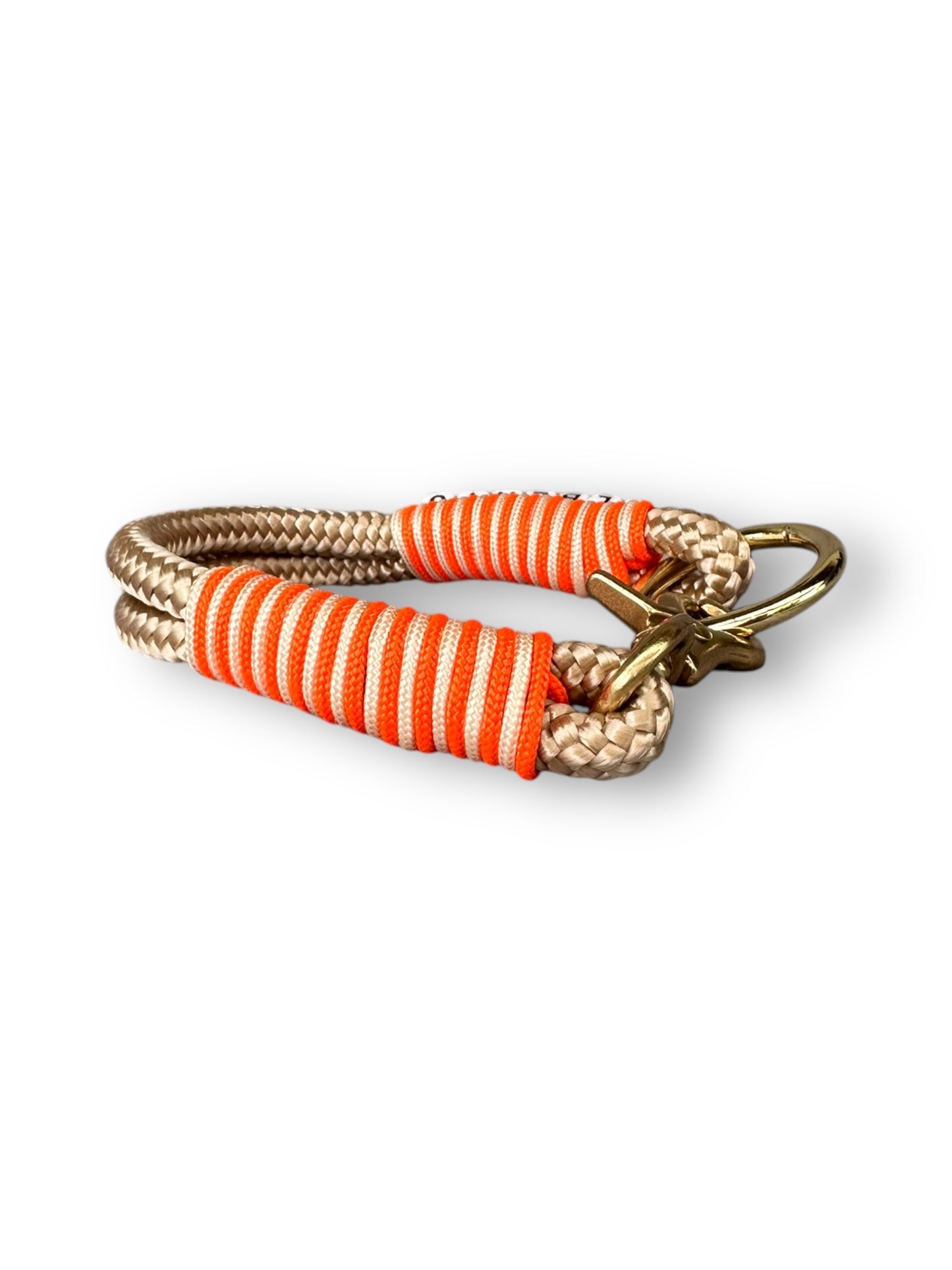 Hundeset bestehend aus Halsband und Leine aus 10mm dickem Tau in der Farbe beige mit orangenen und goldenen Details - Halsband seite