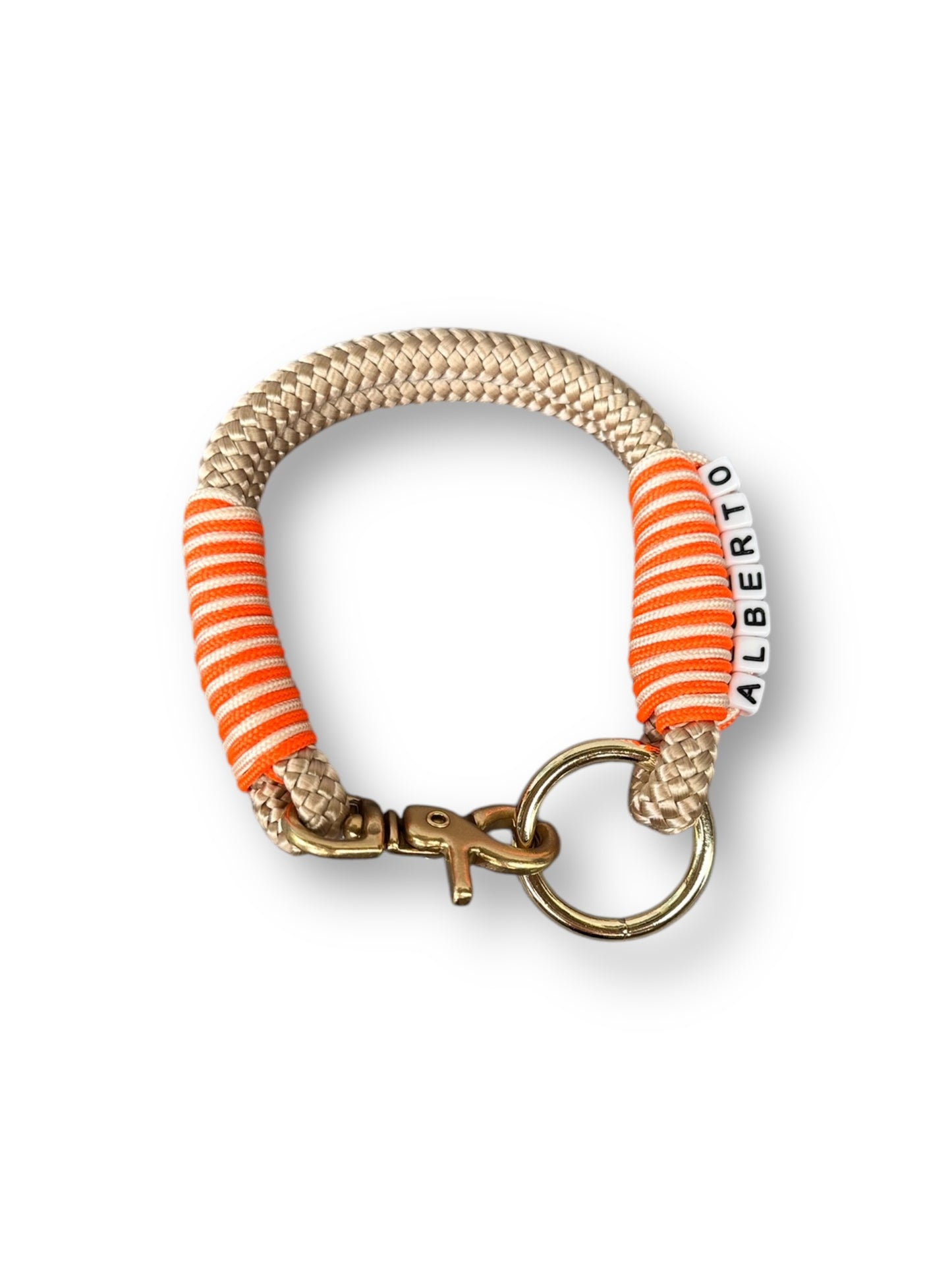 Hundeset bestehend aus Halsband und Leine aus 10mm dickem Tau in der Farbe beige mit orangenen und goldenen Details - Halsband oben