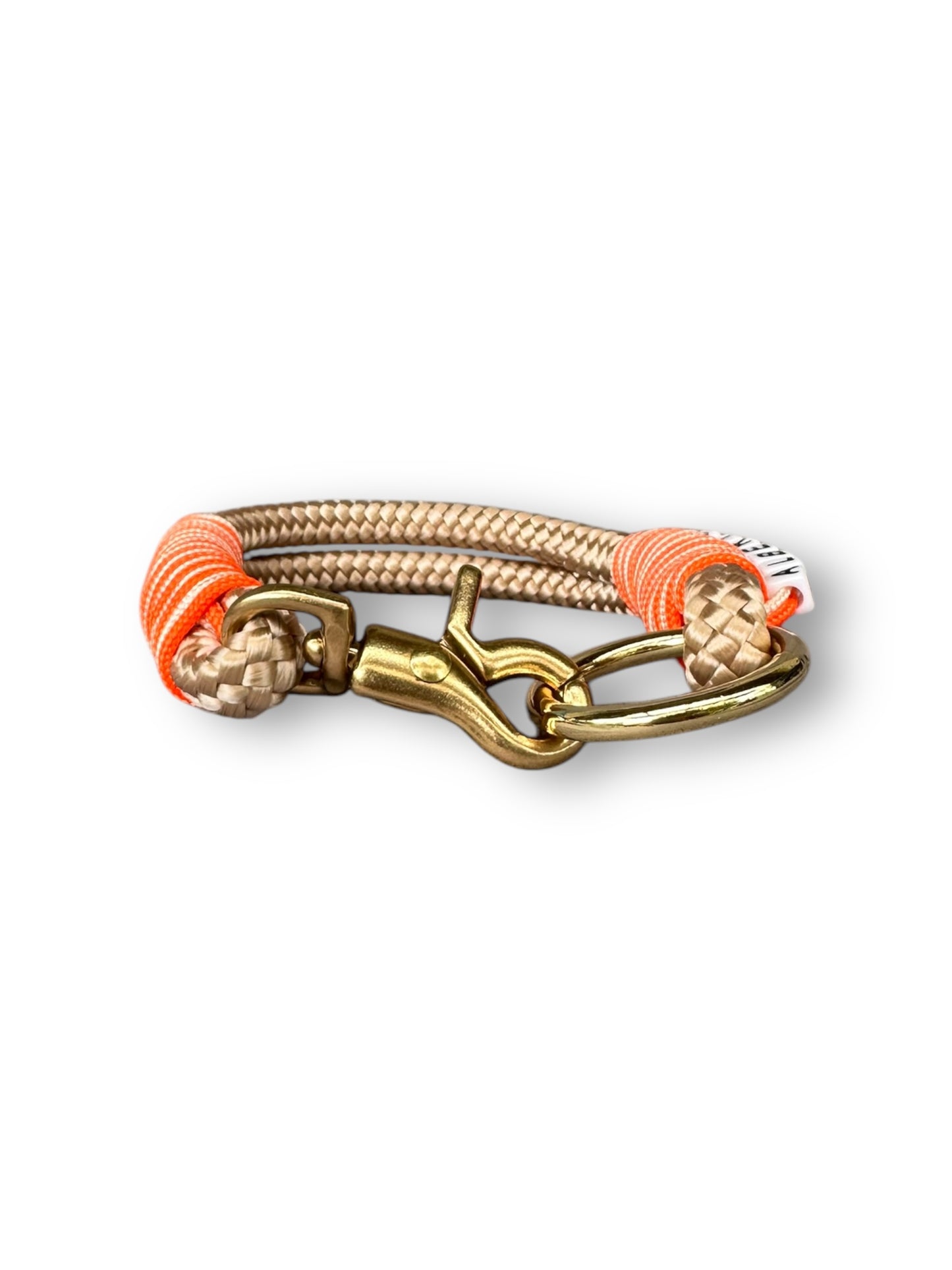 Hundeset bestehend aus Halsband und Leine aus 10mm dickem Tau in der Farbe beige mit orangenen und goldenen Details - Halsband vorne