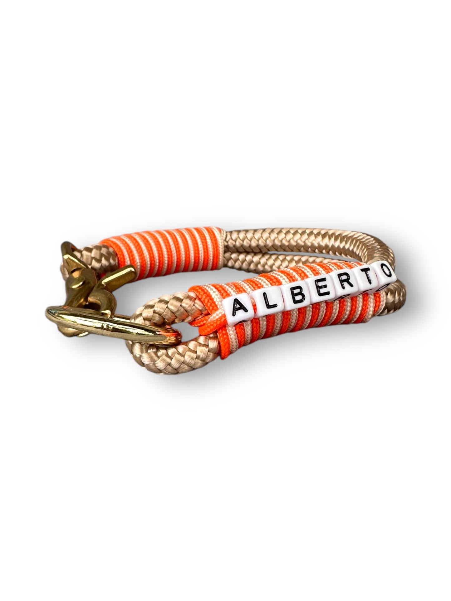 Hundeset bestehend aus Halsband und Leine aus 10mm dickem Tau in der Farbe beige mit orangenen und goldenen Details - Halsband