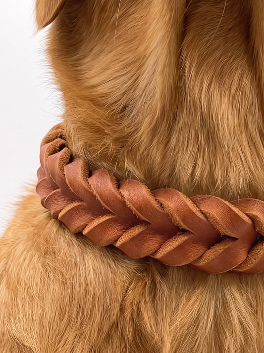 Lederhalsband in braun mit goldenen Details. Geflochtenes Fettleder in der Farbe Whisky. Geeignet für alle Hunde, da die Breite an das Gewicht angepasst wird. Details flechtung