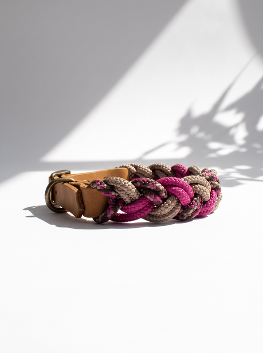 Tauhalsband in Beere, rosa, beige und braun mit verstellbaren Verschluss aus leder Oder BioThane. Handgefertigt und individuell anpassbar. Ansicht des Halsbandes von der Seiten