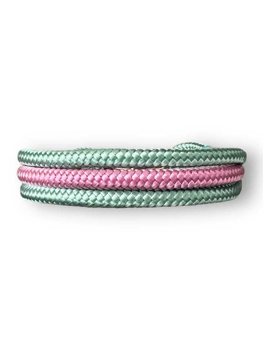 Hundehalsband aus 10mm starken Tau in sea grün mitpastel turquoise, Lavendel rosa und mint blau Details - Hinten