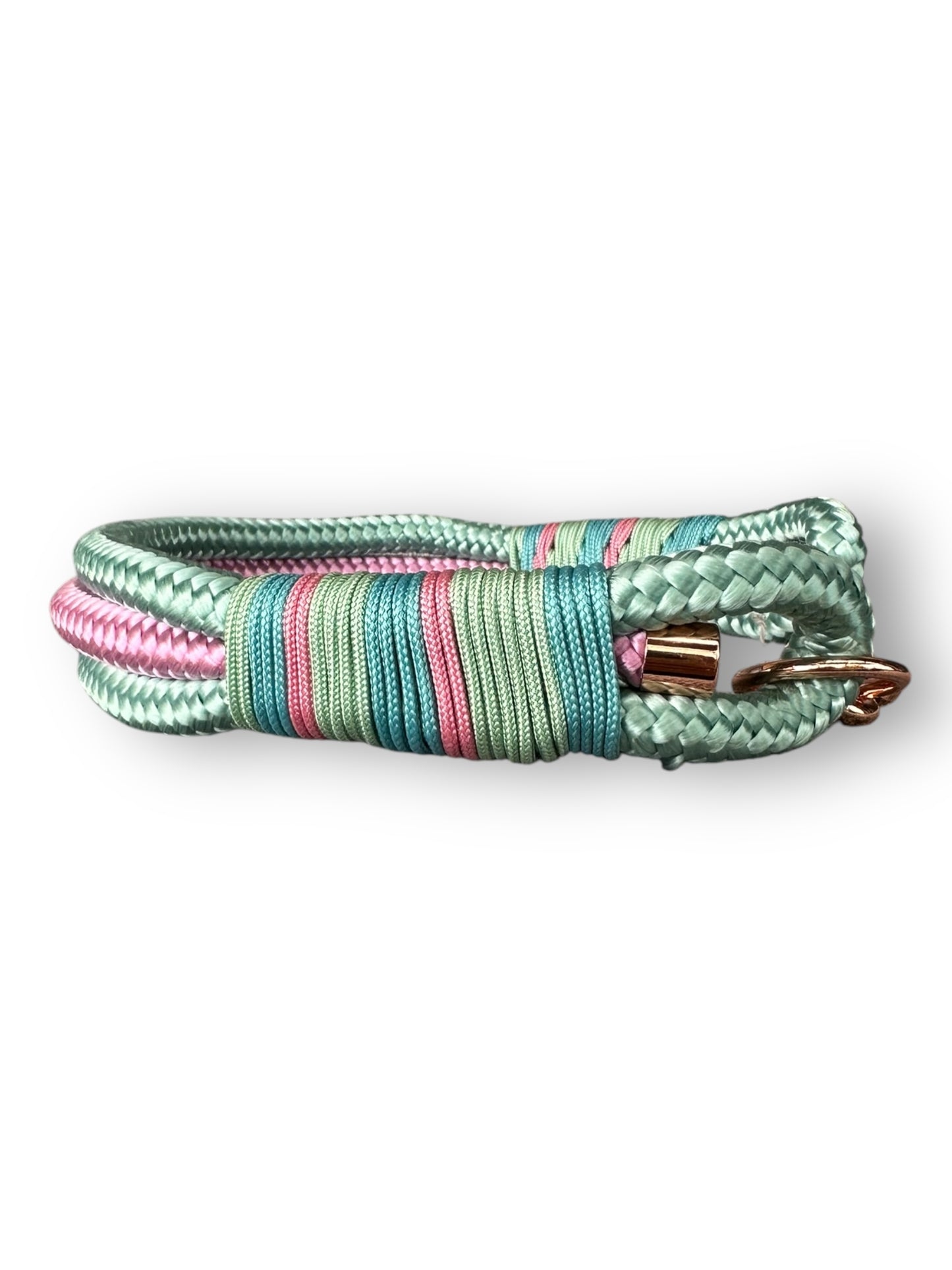 Hundehalsband aus 10mm starken Tau in sea grün mitpastel turquoise, Lavendel rosa und mint blau Details -