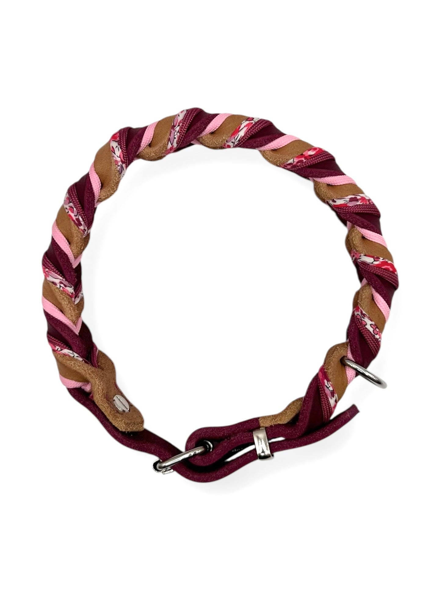 Hundehalsband aus Leder geflochten mit Blumenband In rot und braun und schmuckband verstellbar - oben