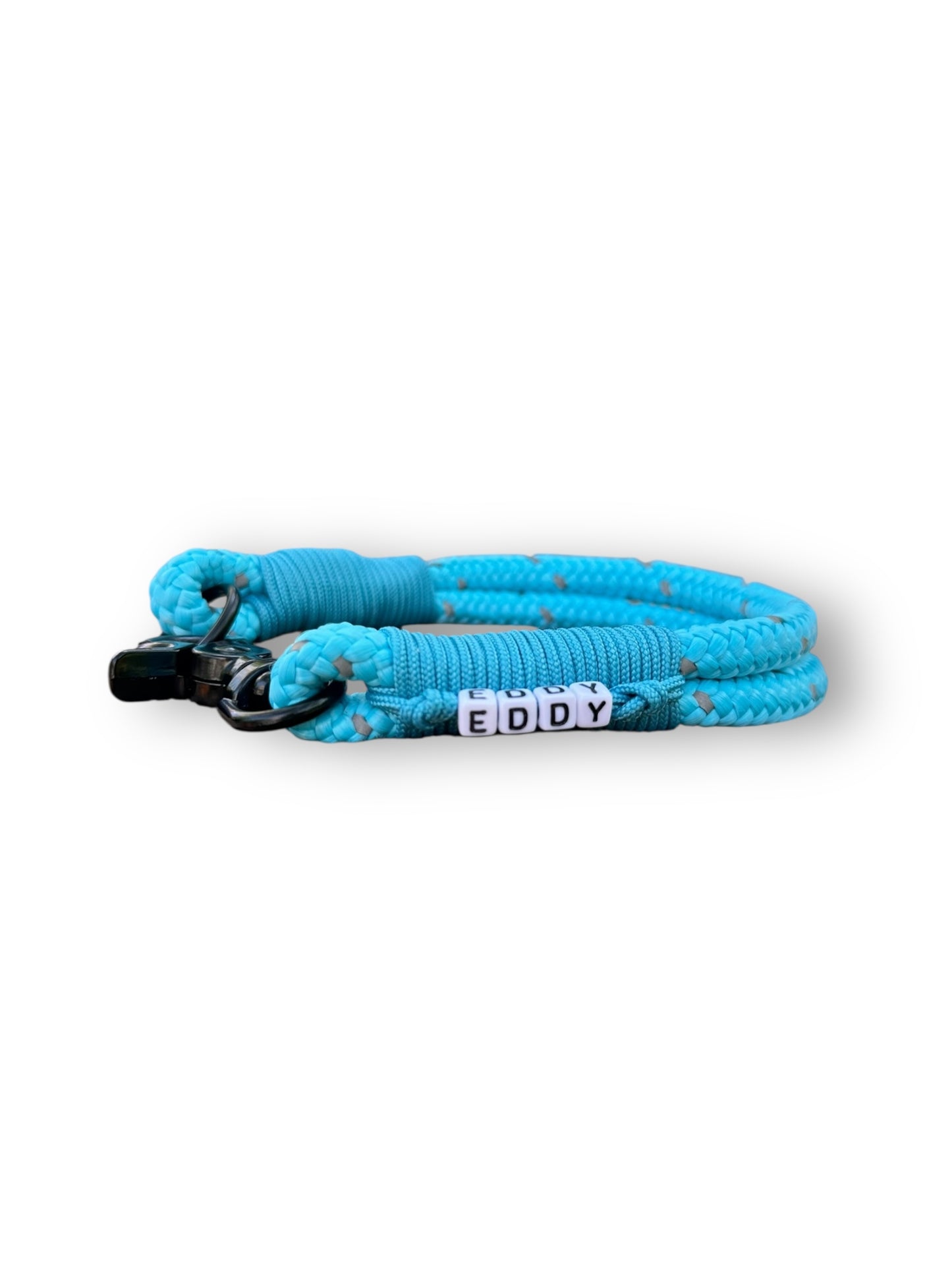 Hundehalsband aus 10mm starken Tau in der Farbe Türkis mit reflektierenden Details Seite