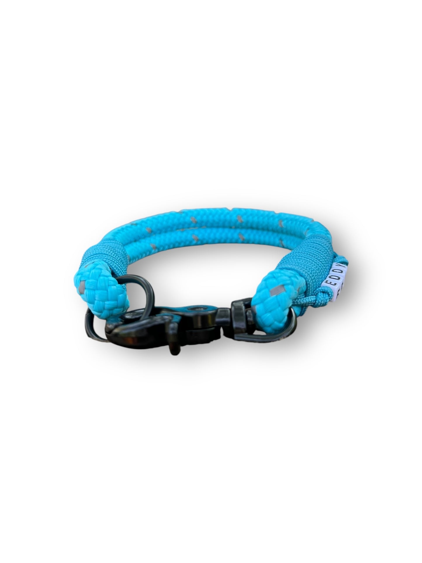 Hundehalsband aus 10mm starken Tau in der Farbe Türkis mit reflektierenden Details Vorne
