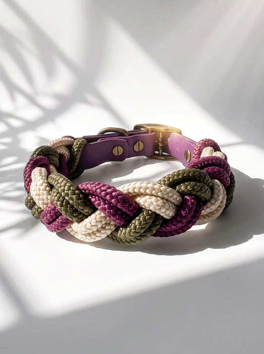 Hundehalsband geflochten aus Tau in den Farben Aubergine, Military grün und Shiny Gold.
Handgefertigt und individuell anpassbar. Ansicht Halsband hinten