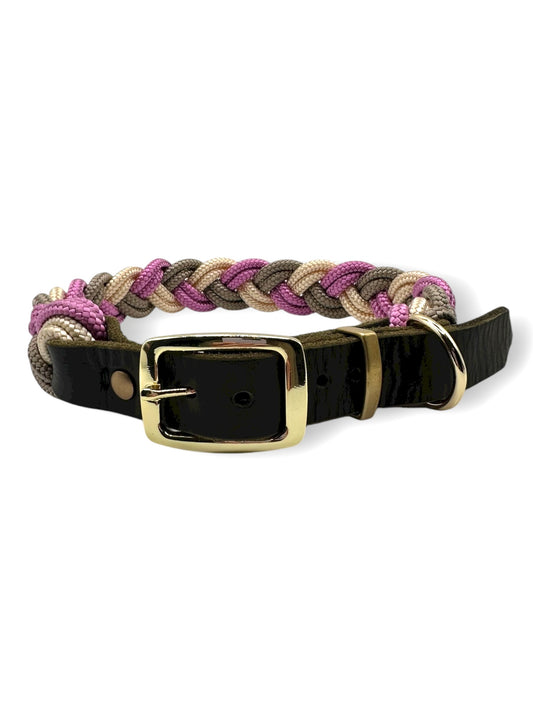 Hundehalsband aus Tau geflochten in den Farben rosa, beige, Cream und tan. Mit Leder Verschluss Vorne