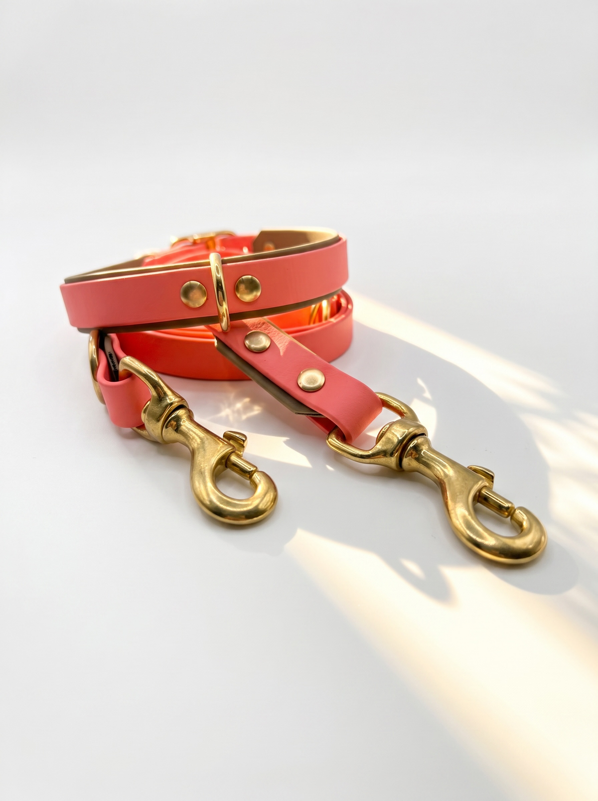 Hundeset bestehend aus Leine und Halsband aus BioThane. In den Farben Coral und Beige. Geeignet für kleine, mittlere und große Hunde, da unsere Artikel a die Größe und das Gewicht deines Hundes angepasst werden. biothane ist geeignet für jedes Wetter. Ansicht Halsband hinten Leine vorne, Karabiner im detail