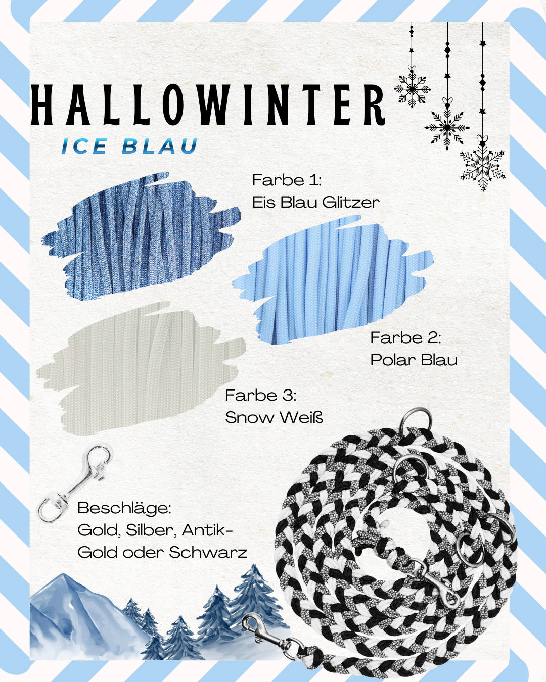 Hundeleine in ice blau mit glitzer Details. Winter Edition, limitierte Weihnachtsgeschenke für Hunde.