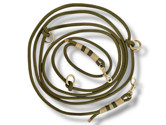 Hundeleine aus 8mm starken Tau in der Farbe militäry grün und Gold