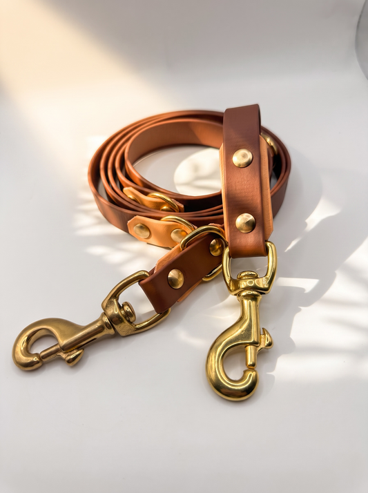Hundeleine aus BioThane in braun mit golden copper orange Details. Handgefertigt und anpassar