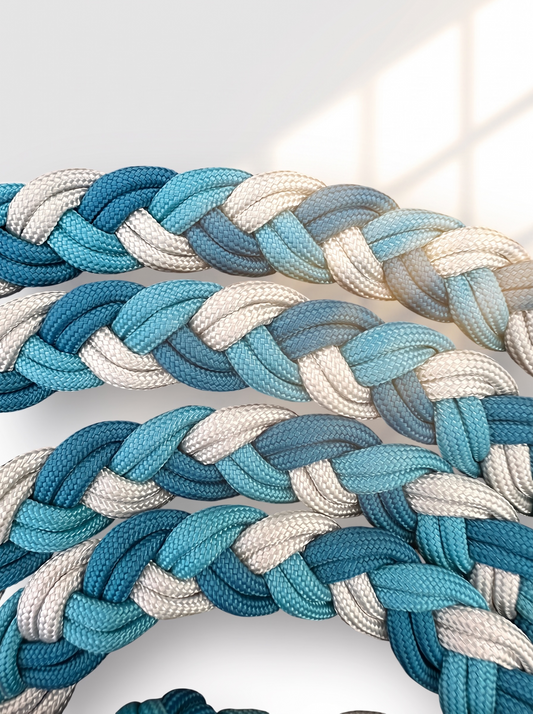 Hundeleine geflochten aus Paracord in den Farben caribbean blau, neon turquoise und silber grau. Details flechtung