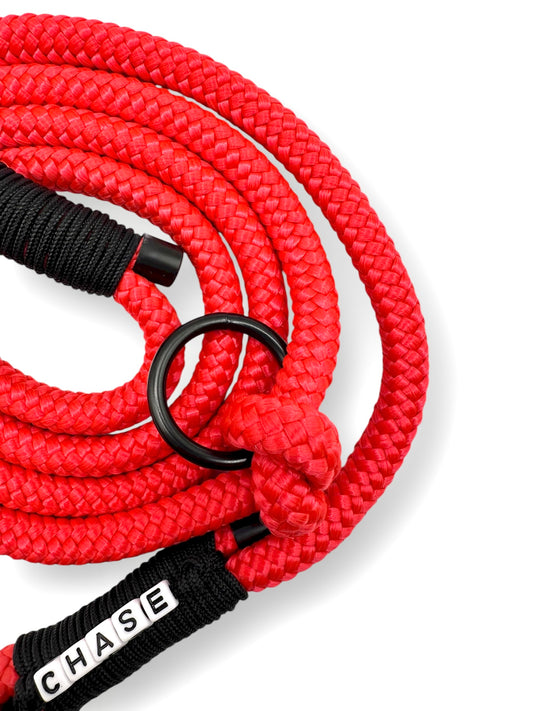 Tau Leine für Hunde in rot mit schwarzen Details. Umwicklung