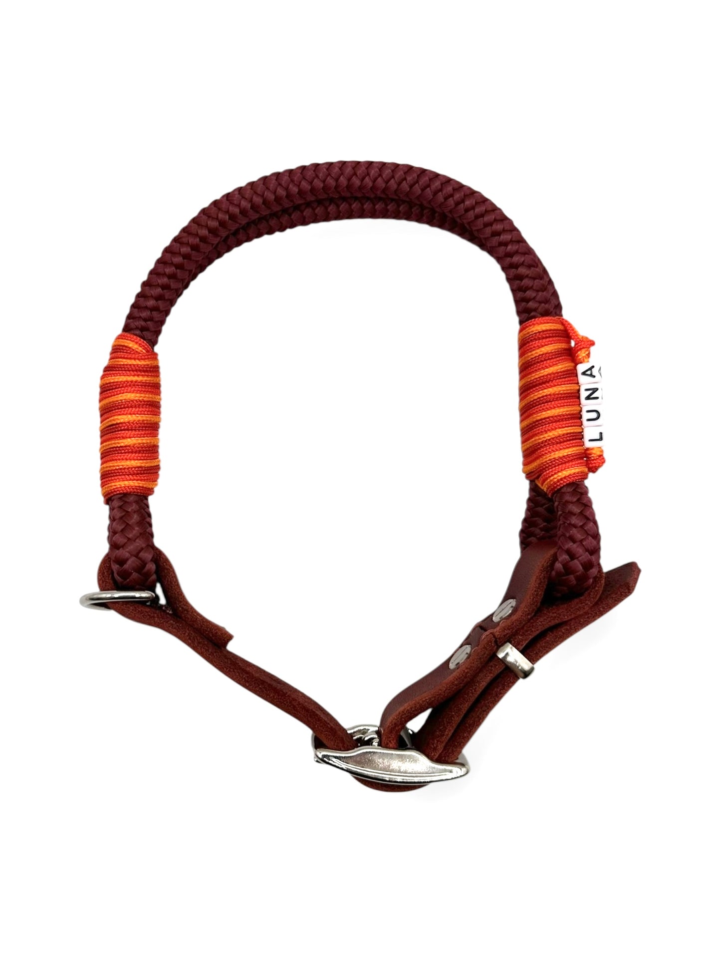 Hundeset aus Leine und Halsband in Roadster Aubergine mit simple red, multivitamin orange und rot Chili Details - Leder in Rost - Halsband Draufsicht