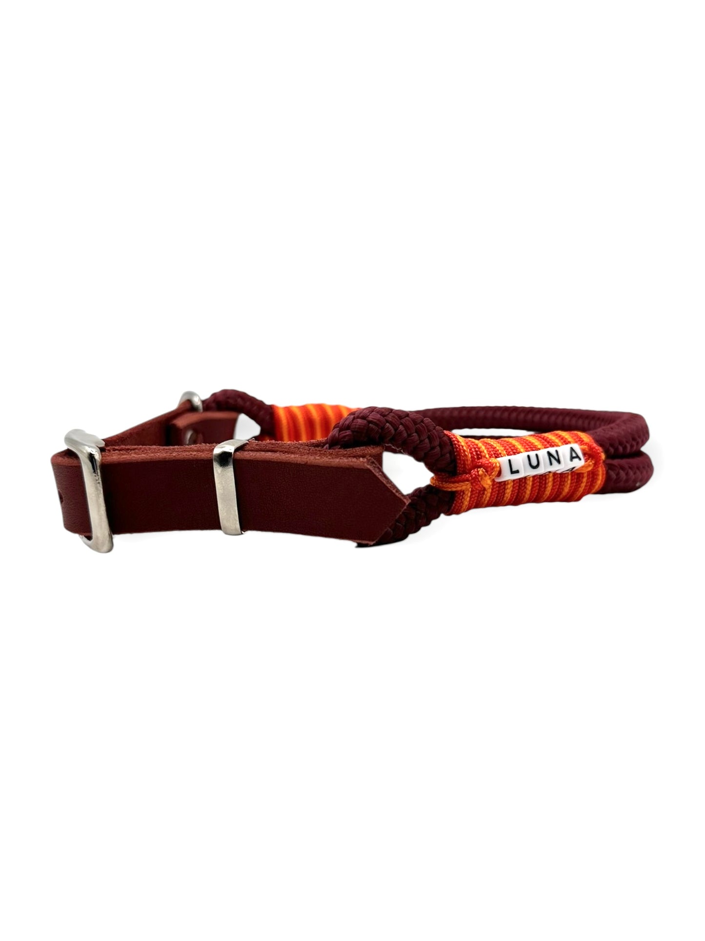 Hundeset aus Leine und Halsband in Roadster Aubergine mit simple red, multivitamin orange und rot Chili Details - Leder in Rost - Halsband seite