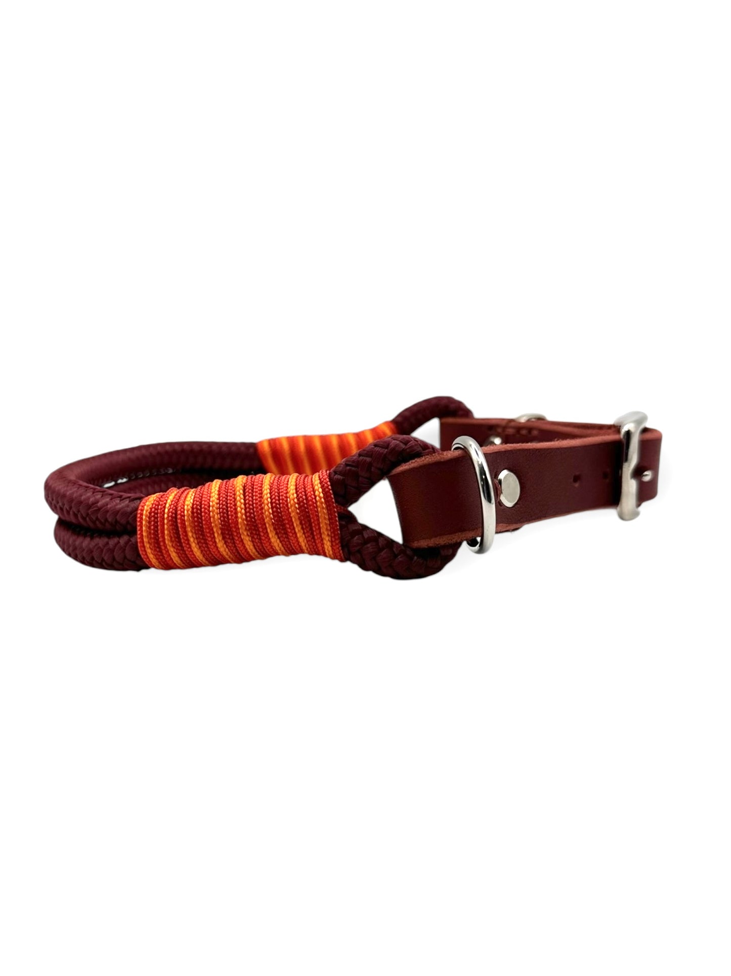 Hundeset aus Leine und Halsband in Roadster Aubergine mit simple red, multivitamin orange und rot Chili Details - Leder in Rost - Seite halsband