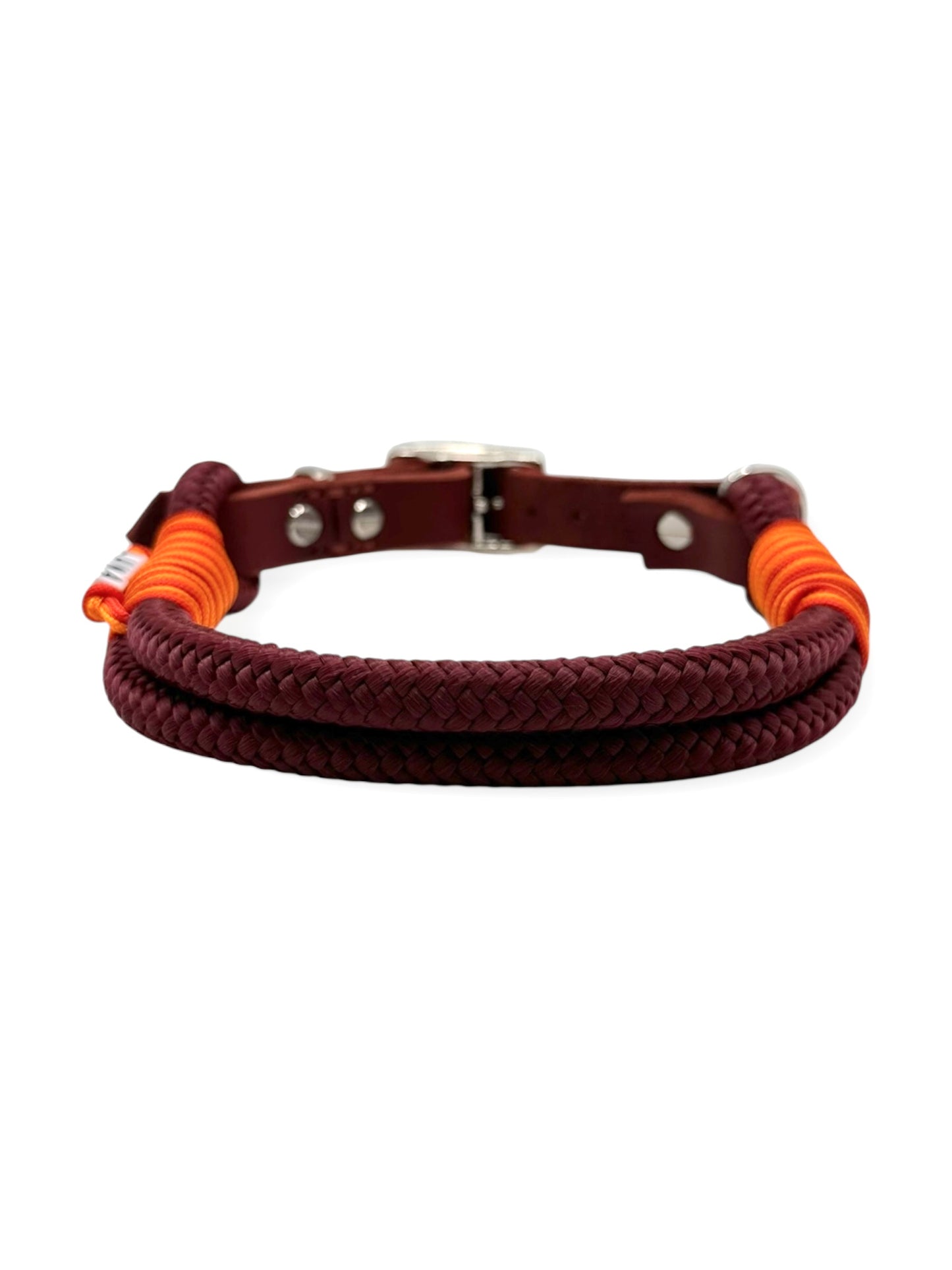 Hundeset aus Leine und Halsband in Roadster Aubergine mit simple red, multivitamin orange und rot Chili Details - Leder in Rost - Halsband hinten