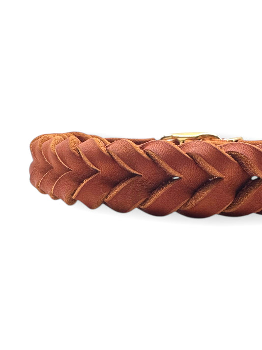 Lederhalsband in braun mit goldenen Details. Geflochtenes Fettleder in der Farbe Whisky. Geeignet für alle Hunde, da die Breite an das Gewicht angepasst wird.