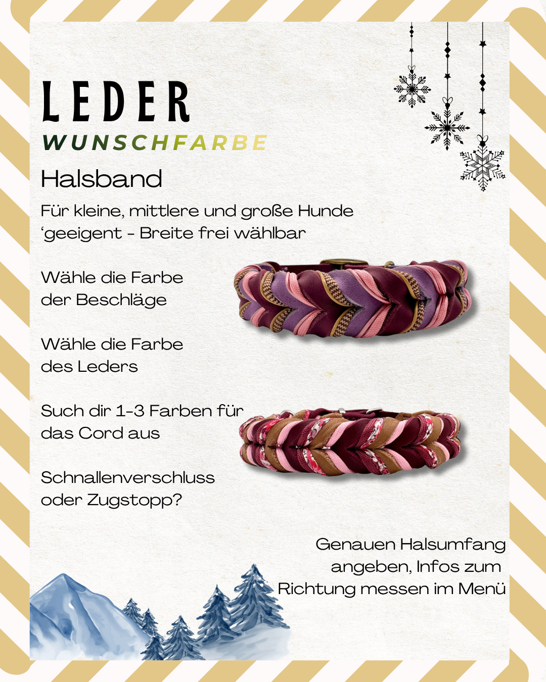 Hundeleine oder Hundehalsband aus Leder zum selbst designen Personalisierbar in winterlichen Farben. Perfektes Weihnachtsgeschenk für dich und deinen Vierbeiner
