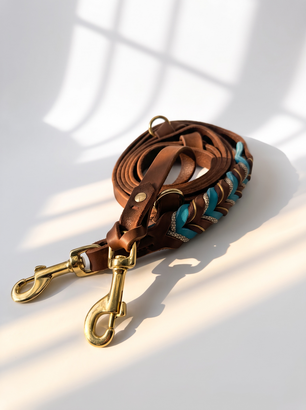 Hundeleine aus Leder in der Farbe Braun und Türkis. Geflochten aus Fettleder und Paracord in den Farben braun, crea,, blau und Gold. Draufsicht der Lederleine