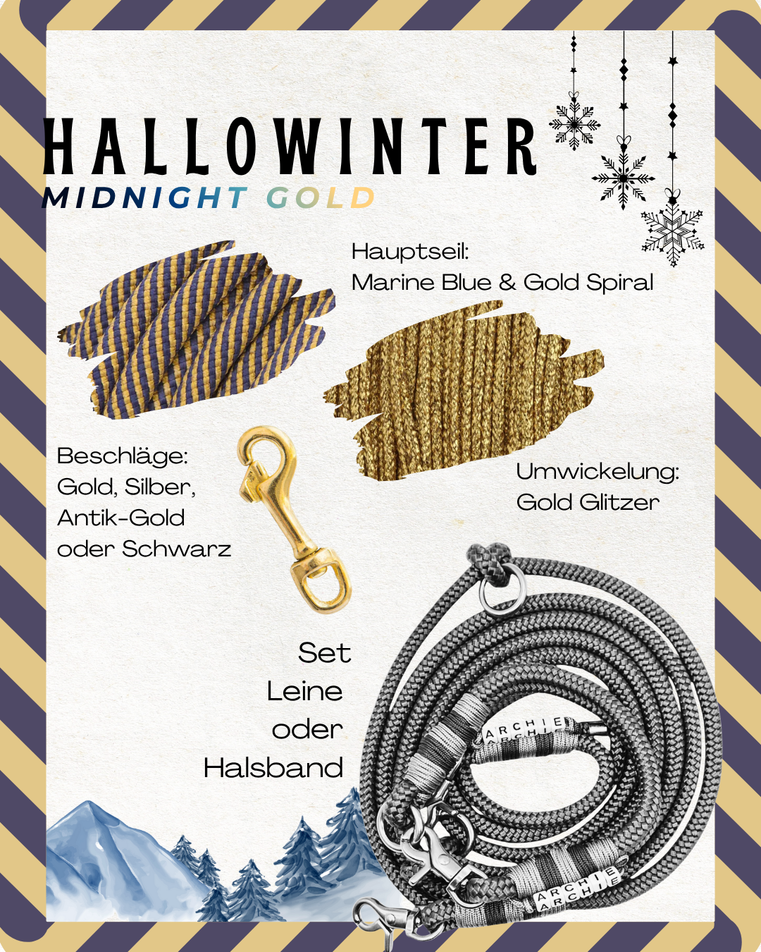 Hundeleine und Hundehalsband in winterlichen Farben. Midnight Gold - dunkelblau mit goldenen Glitzer Details. Weihnachtsgeschenk