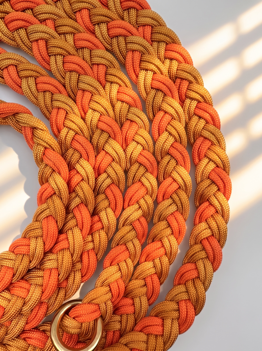 Paracordleine geflochtene Hundeleine in Halloween Optik orange. Herbstliche Farben: Apricot, Royal und Sunsetorange. Für alle Hunde geeignet, wird ans Gewicht angepasst. Details flechtung