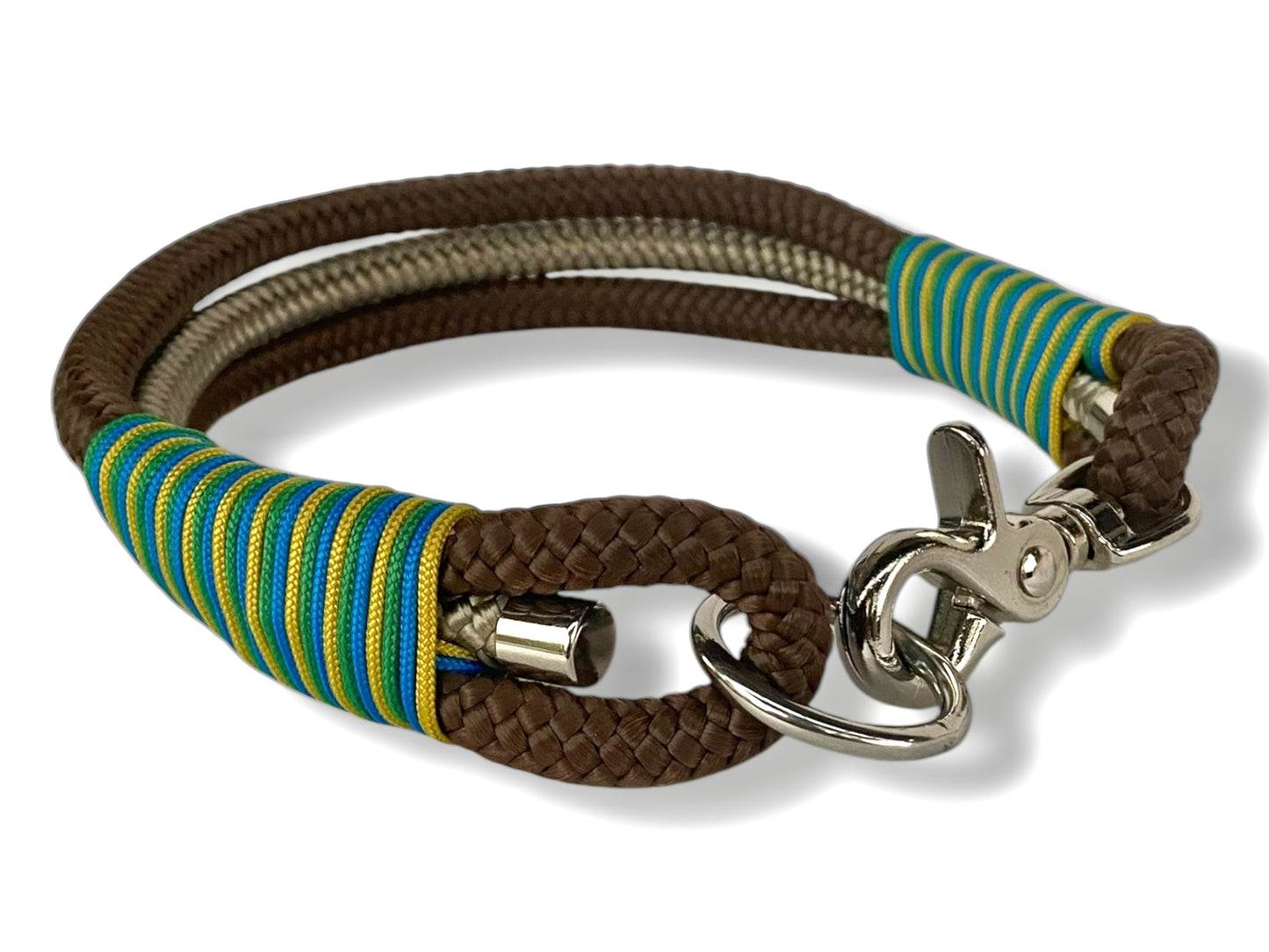 Tau-Halsband 10mm bestehend aus "Braun & Tan" Seil, "Gelb, Grass Grün & Greece Blau" Umwickelung