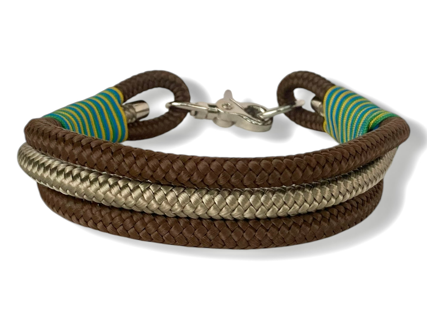 Tau-Halsband 10mm bestehend aus "Braun & Tan" Seil, "Gelb, Grass Grün & Greece Blau" Umwickelung