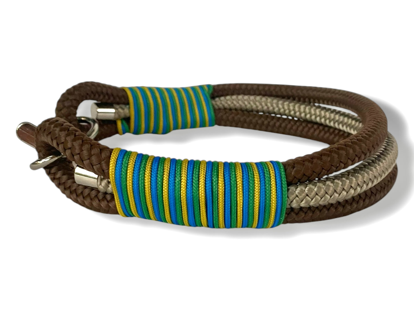 Tau-Halsband 10mm bestehend aus "Braun & Tan" Seil, "Gelb, Grass Grün & Greece Blau" Umwickelung