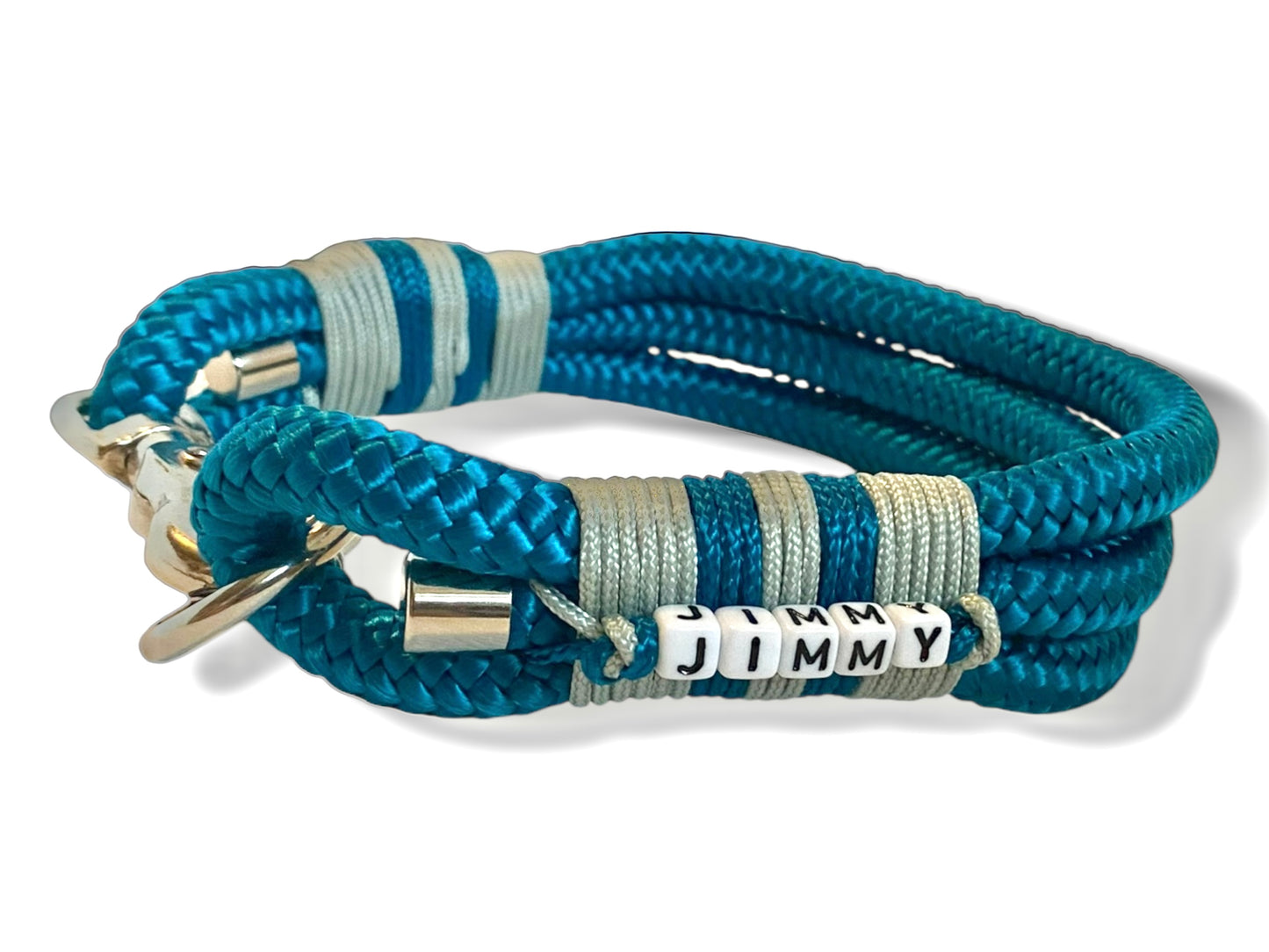 Tau-Halsband 10mm bestehend aus "Aqua" Seil, "Aquamarine Blau & Silber Grau" Umwickelung