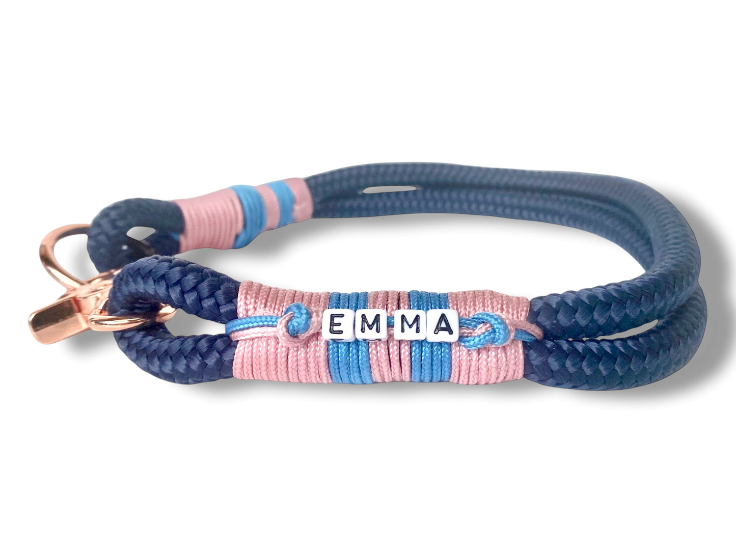Tau-Halsband 10mm bestehend aus "Dunkelblau" Seil, "Pastel Rosa & Baby Blau" Umwickelung