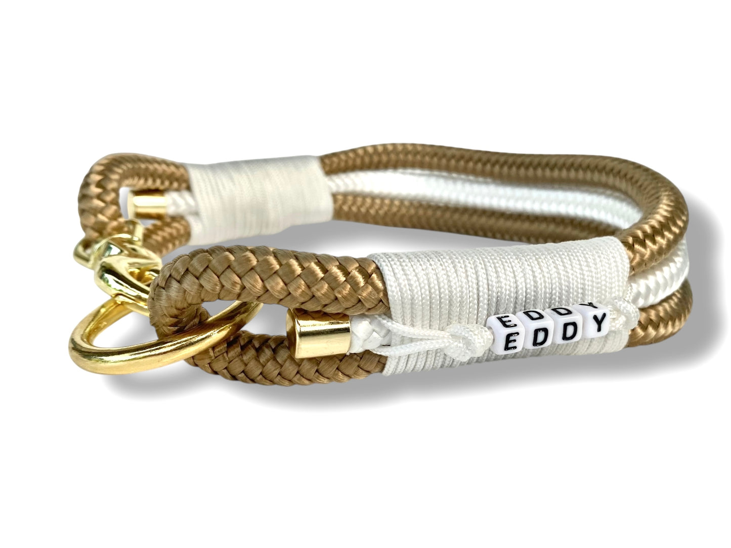 Tau-Halsband 10mm bestehend aus "Gold Braun & Weiß" Seil, "Snow Weiß" Umwickelung