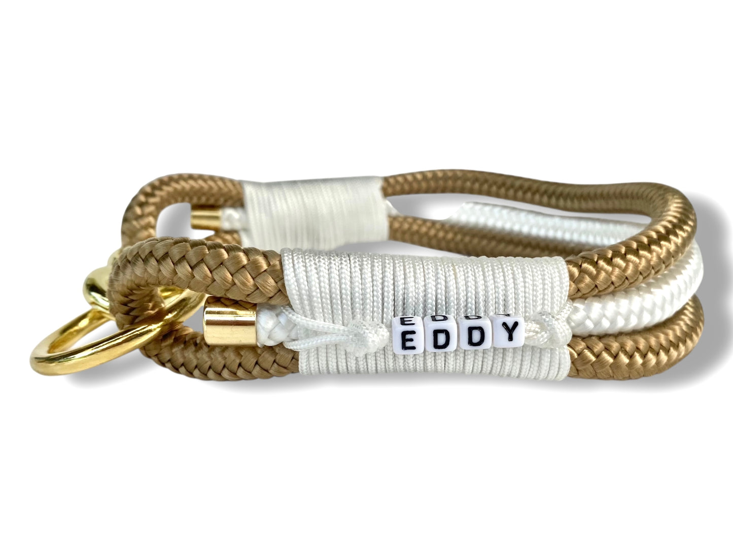 Tau-Halsband 10mm bestehend aus "Gold Braun & Weiß" Seil, "Snow Weiß" Umwickelung
