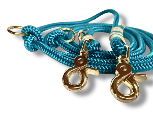 Tau-Leine 10mm bestehend aus "Aqua" Seil, "Aquamarine Blau & Gold" Umwickelung