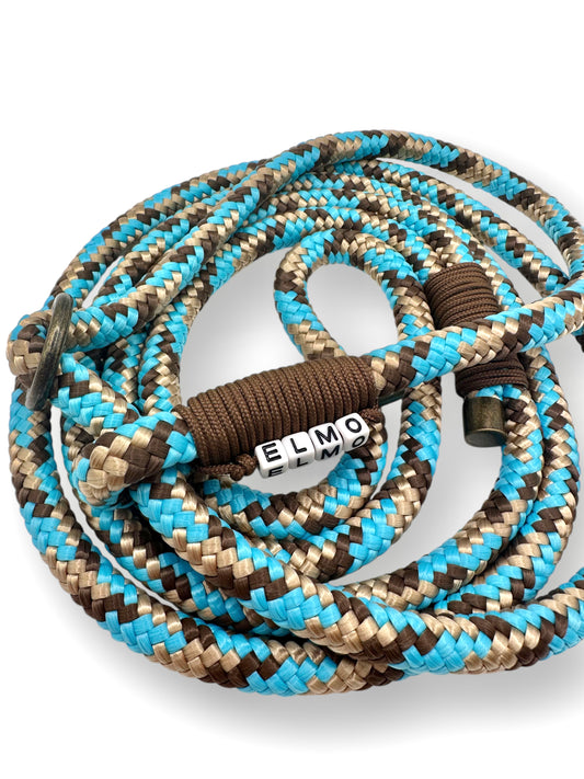 Retrieverleine aus Tau mit Zugstopp. Hundeleine in Blau mit beige und braun.