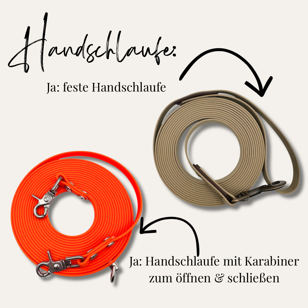 Schleppleine aus 9mm breiten BioThane zum selber designen. Wähle deine Lieblingsfarbe und Lieblingslänge aus.