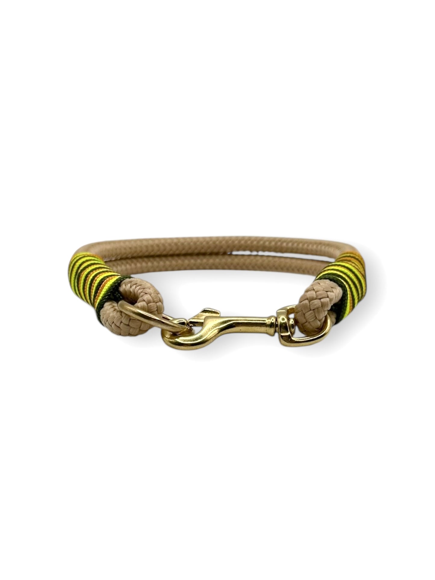 Hundehalsband aus Tau in 8mm Breite in Sand mit Pepper grün, Ultra Neon gelb und Fire orange Details - Vorne