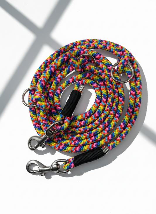 Tauleine für Hunde in bunten Farben Regenbogen mit silbernen und schwarzen Details.
