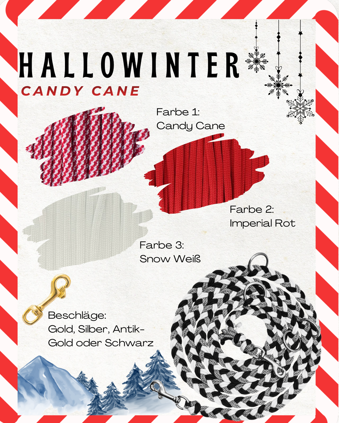 Hundeleine in winterlichen Farben Candy cane. Perfektes Weihnachtsgeschenk für alle Hundeliebhaber. Geeignet für alle Hunde, da die Leine an das Gewicht des Hundes angepasst wird.