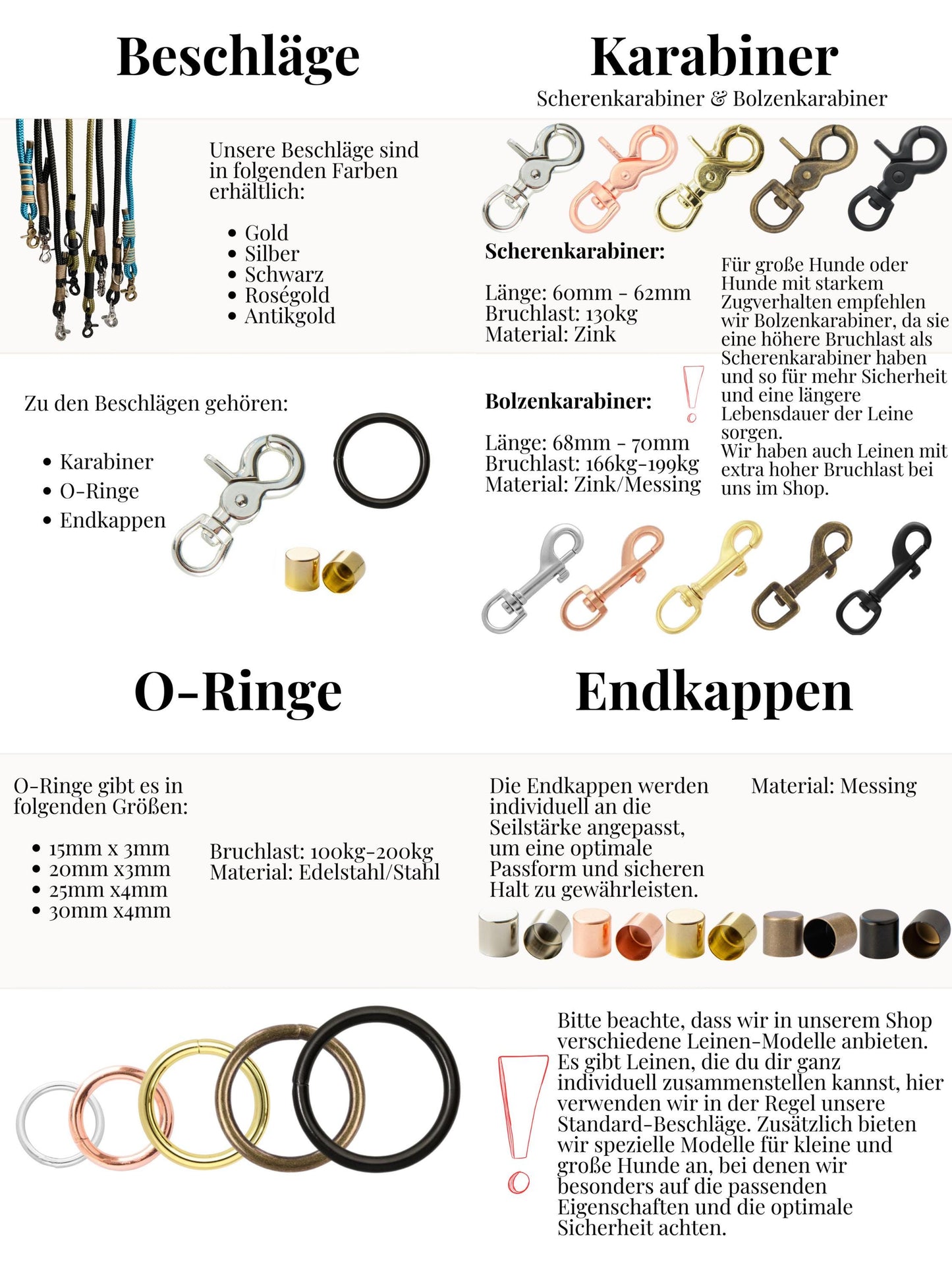 Infos zu den Beschlägen: Karabiner, O-Ringe und Endkappen. Diese Farben stehen zur Verfügung: Gold, Silber, Schwarz, Roségold und Antikgold