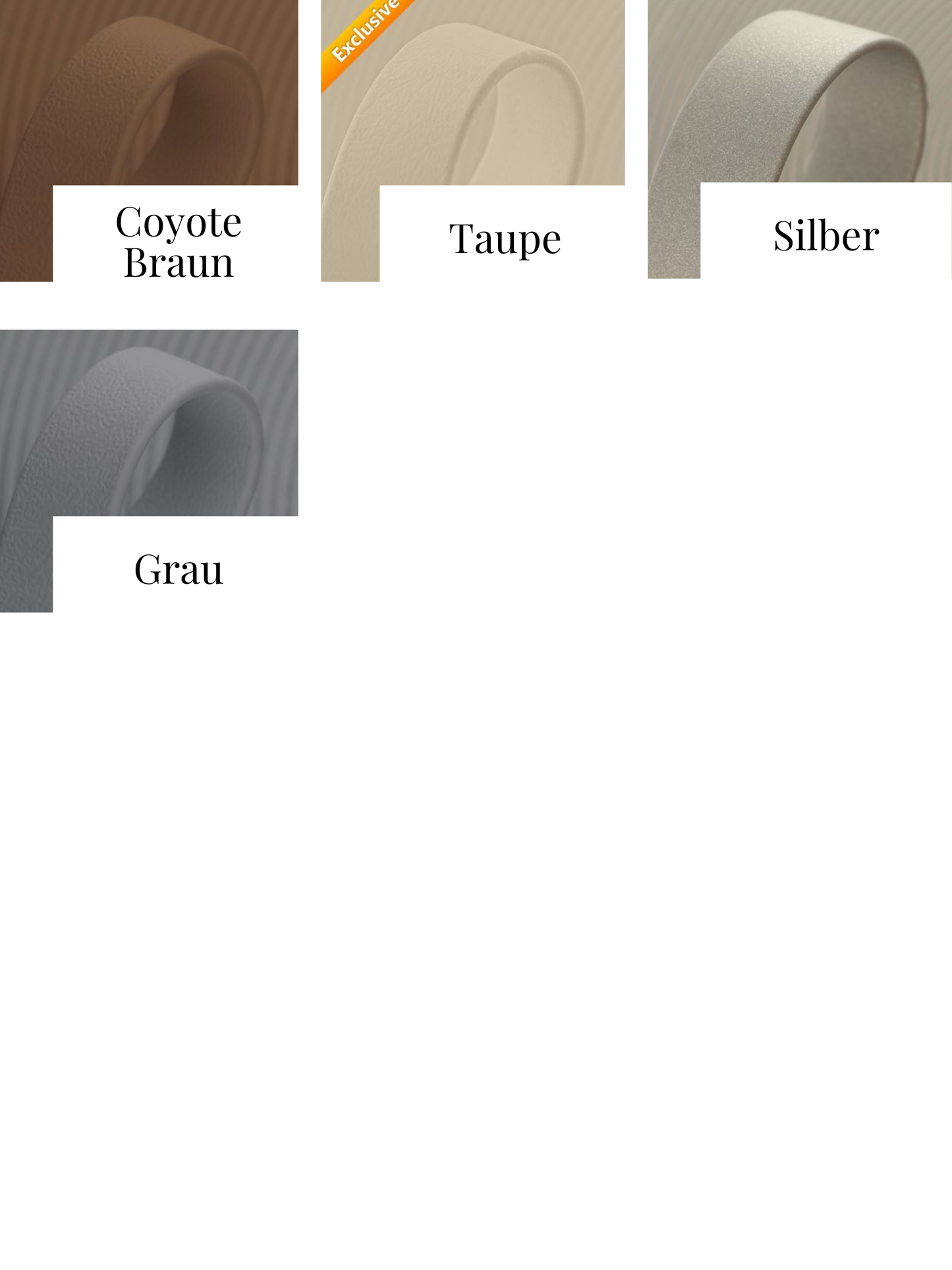 BioThane Farbkatalog für Hundehalsbänder und Leinen, 9–38 mm Breite, Farbtöne von Braun, Silber bis Grau, Übersicht aller verfügbaren Wunschfarben für personalisierte Halsbänder und Leinen.