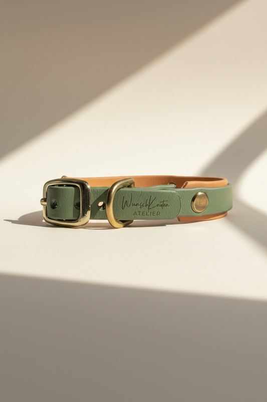 Handgemachtes Biothane Hundehalsband in Salbeigrün mit goldenem Glimmer – Seitenansicht mit sichtbar platziertem Logo, individuell konfigurierbar und mit Gold-Beschlägen