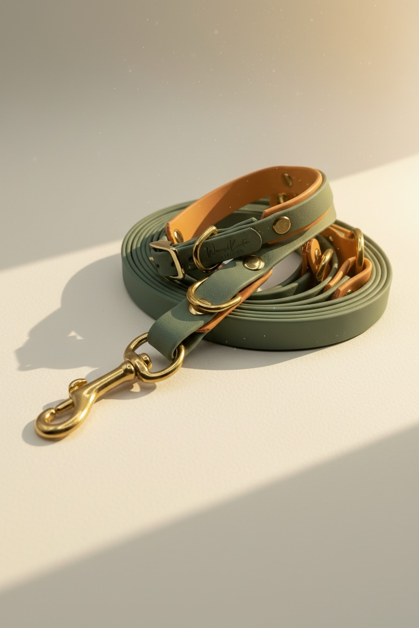Handgemachtes Biothane Hundeleine und Halsband Set in Salbeigrün mit goldenem Glimmer – Seitenansicht des individuell konfigurierbaren Sets mit Gold-Beschlägen